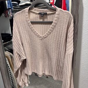Lulu's Beige Ribbed V-Neck Top